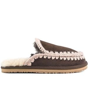 Mou Suede Full Eskimo Sheepskin Lined Stitch Mule Slippers - Brown