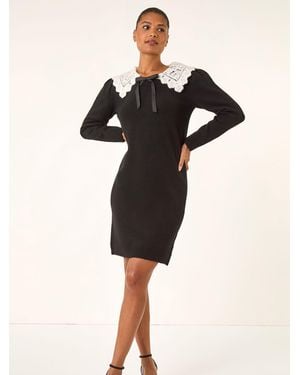 Roman Crochet Collar Knitted Dress - Black