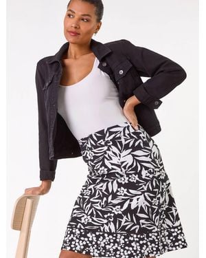 Roman A-Line Palm Mono Print Skirt - Black