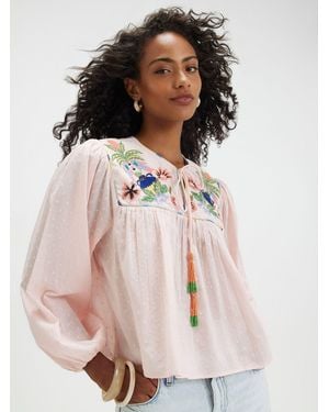 River Island Tropical Embroidered Smock Blouse - Natural