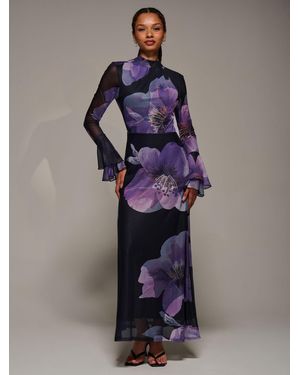 Jolie Moi Ruffle Long Sleeve Mesh Maxi Dress - Purple