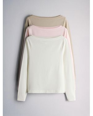 The Set 3 Pack Boat Neck Long Sleeve Tops Cream/Taupe - Gray