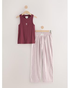 Self Burgundy Stripe Ribbed Vest Top And Long Leg Pajamas Set - Pink