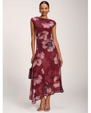 Jolie Moi Asymmetric Draped Mesh Maxi Dress - Red