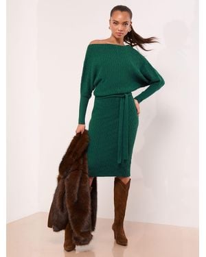 Lipsy Slash Neck Belted Blouson Cable Knitted Midi Dress - Green