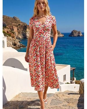 Roman Floral Print Tea Midi Dress - Blue