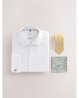 Next Slim Fit Cotton Rich Shirt, Tie, Pocket Square And Cufflink Occassion Set - Natural