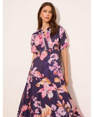 Lipsy Premium Floral Print Embellished Placket Midi Dress - Purple