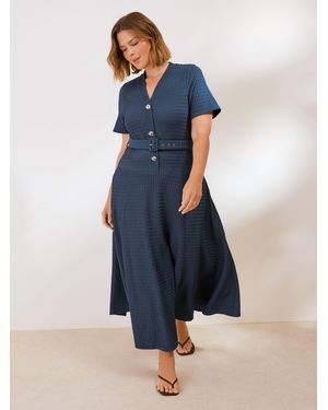 Friends Like These Curve Short Sleeve Textured Belted Midi Dress - Blue