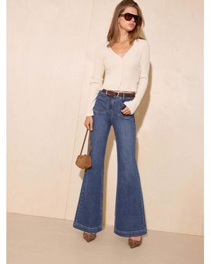 Friends Like These Mid Wash Pocket Detail Smart Wide Leg Jeans - Blue