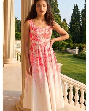 Roman Petite Floral Waist Stretch Midi Dress - Red