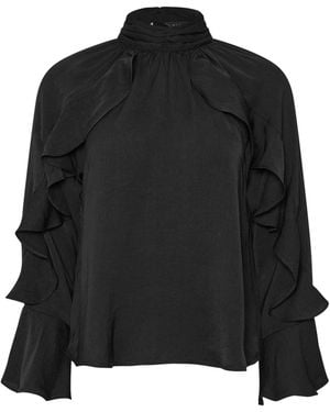 PixieGirl Petite Long Sleeve Satin Frill Top - Black