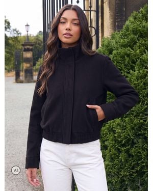 Threadbare Faux Wool Funnel Neck Bomber Jacket - Blue