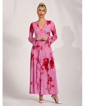 Jolie Moi Long Sleeve Ruffle Mesh Maxi Dress - Pink