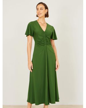 Yumi' Ruched Front Stretch Midi Dress - Green