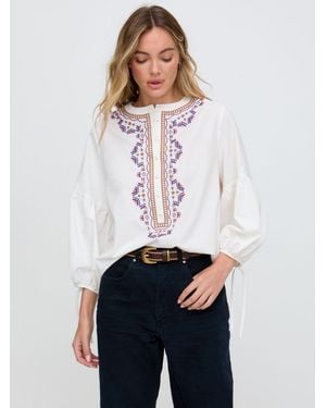 Raffya Anai Half Placket Embroidered Blouse - White