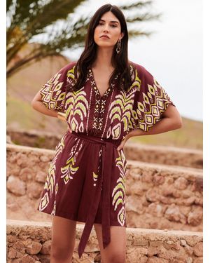 Love & Roses Chocolate Woodblock Beaded Playsuit - Brown