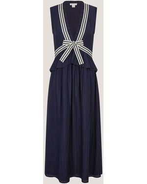 Monsoon Cece V-Neck Stripe Bow Sleeveless Midi Dress - Blue