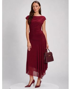 Jolie Moi Asymmetrical Draped Mesh Maxi Dress - Red