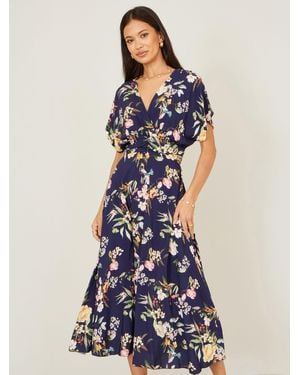 Yumi' Viscose Floral Print Midi Dress With Ruched Waist - Blue