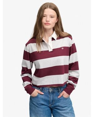 Superdry Langarm-Poloshirt Ath Ess Cropped Stripe Rugby Baumwolle, Oversize, Cropped Fit - Rot