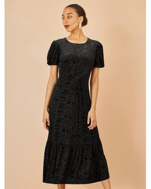 Yumi' Velvet Spot Print Twist Knot Waist Midi Dress - Black