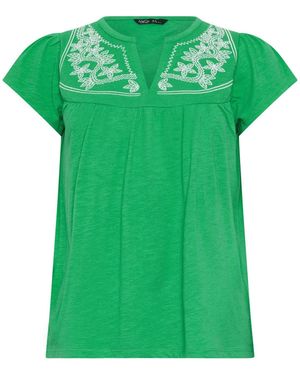 M Com Petite Embroidered Frill Sleeve Top - Green