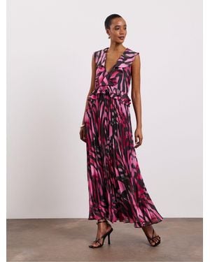 Joanna Hope Ruffle Pleated Dress With Metallic Stripes - Red