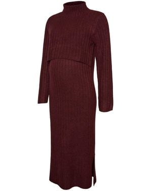 Mama.licious Maternity And Nursing Long Sleeve Knitted Midi Dress - Red