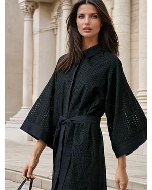 Religion Embroidery Anglais Ffion Pretty Tunic Dress With Kimono Sleeve And Tie Belt - Black