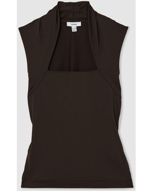Reiss Chocolate Harri Square-Neck Ruched Sleeveless Top - Black