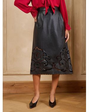 Love & Roses Faux Leather Cutwork Hem Full Circle Midi Skirt - Black