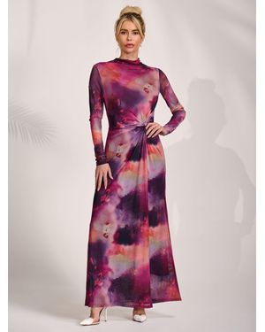 Jolie Moi High Neck Long Sleeve Mesh Maxi Dress - Pink