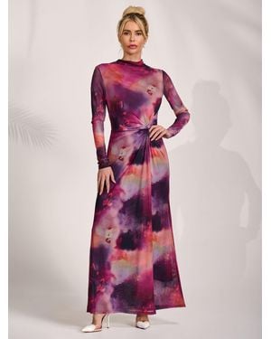 Jolie Moi High Neck Long Sleeve Mesh Maxi Dress - Pink