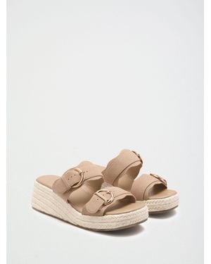 Friends Like These Taupe Faux Suede Double Strap Buckle Detail Summer Mid Wedges - Natural