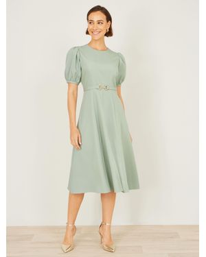 Yumi' Skater Dress With Puff Sleeves And Buckle Detail - Green