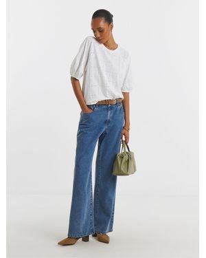 JD Williams Broderie Crew Neck Lantern Sleeve Top - Blue