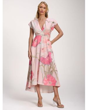 Jolie Moi Printed Scuba Dipped Hem Midi Dress - Pink