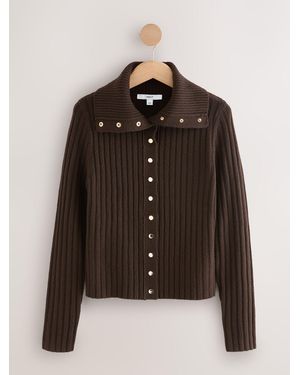 Next Button Ribbed Collar Cardigan - Brown