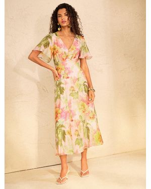Love & Roses Drop Waist Flutter Sleeve Midi Dress - Natural