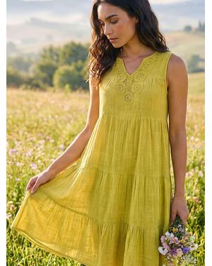 Roman Gesmoktes Kleid Mit Baumwollbesatzdetail - Gelb