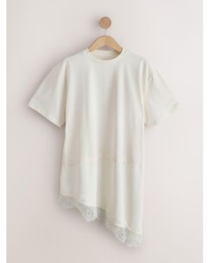 Next Satin Lace Trim Short Sleeve T-Shirt - Natural