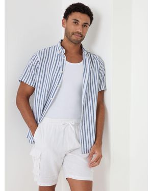Threadbare Stripe Linen Cotton Blend Short Sleeve Shirt - Blue