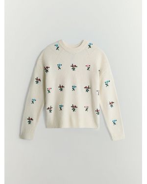 BHOEM Floral Embroidery Knit Crew Neck Sweater With Wool - Natural