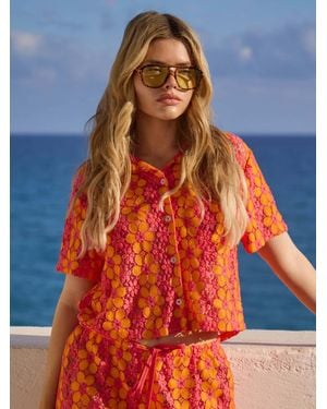 South Beach Floral Crochet Short Sleeve Beach Shirt - Orange