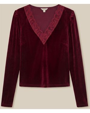 Monsoon Lexi Lace Trim Velvet Top - Red