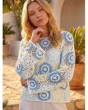 Roman Floral Crochet Knit Top - Blue