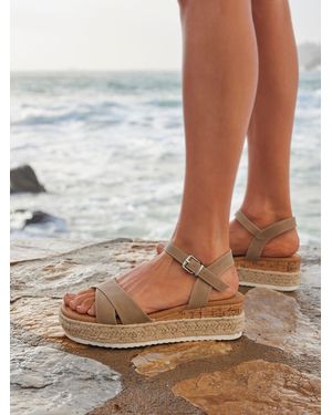 Linzi Sarelli Wide Fit Flatform Sandals With Plaited And Cork Wedge - Brown