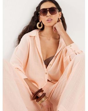 River Island Long Sleeve Crinkle Beach Shirt - Natural