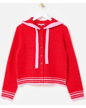 Oliver Bonas Hooded Button Up Knitted Cardigan - Red